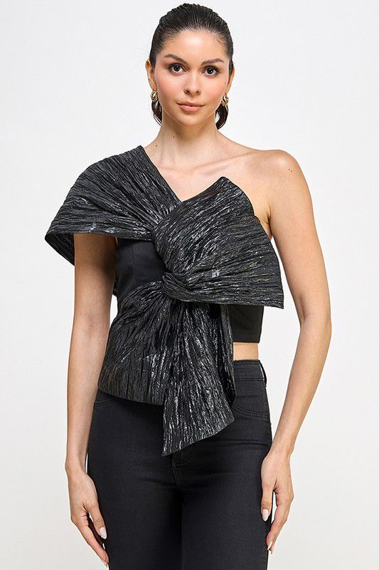 Joanna Black Metallic Bow One Shoulder Crop Top