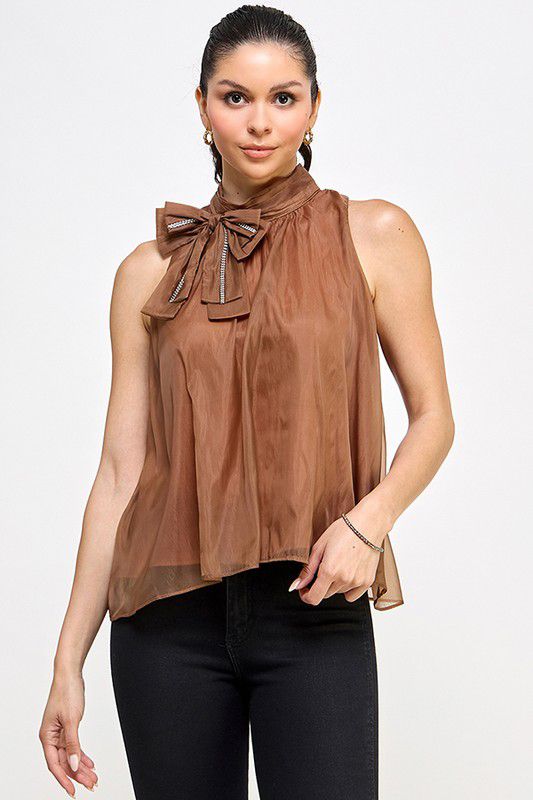 Salome Brown Sequin Appliqué Bow Tie Neck Top