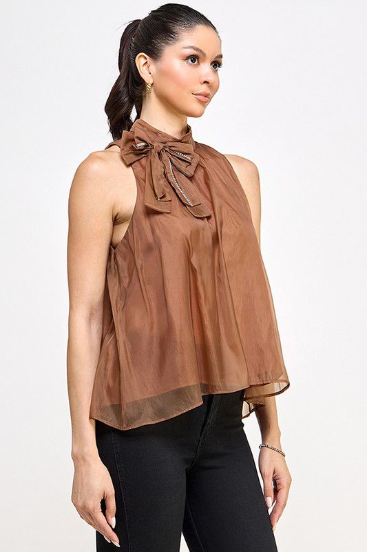 Salome Brown Sequin Appliqué Bow Tie Neck Top