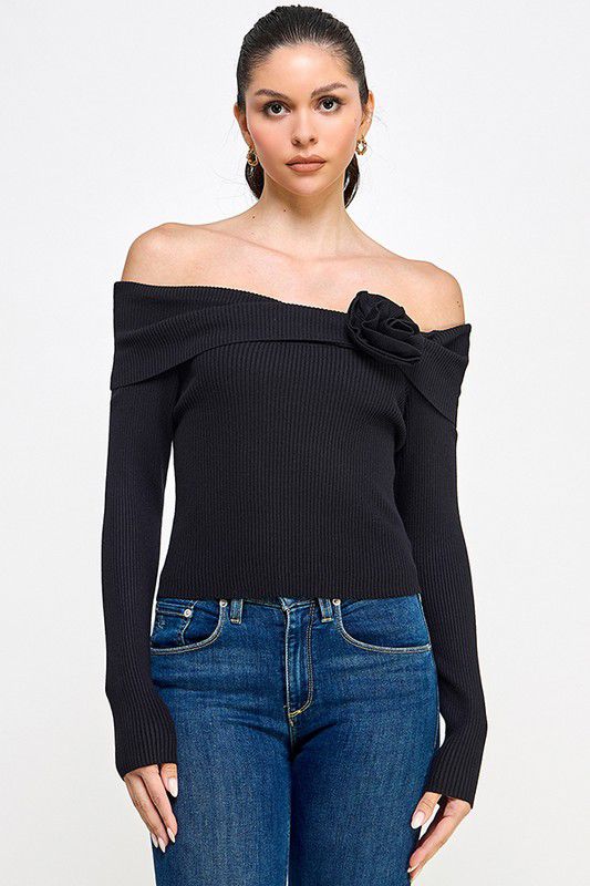 Sapphira Off Shoulder Sweater Top with Rose