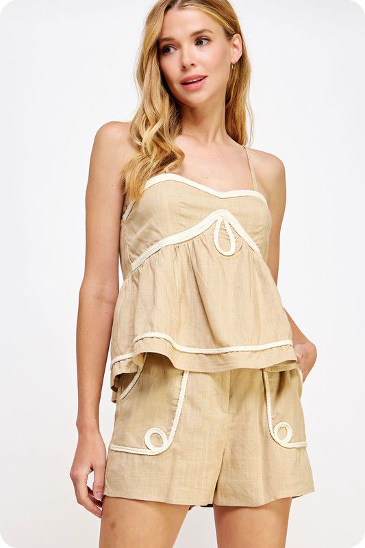 Orpha Braid Trim Detail Sleeveless Linen Cami Top (Only Top)