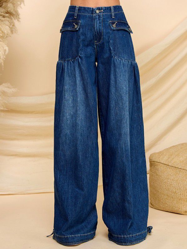 Delilah Drawstring Wide Denim Pants Dark & Light Wash