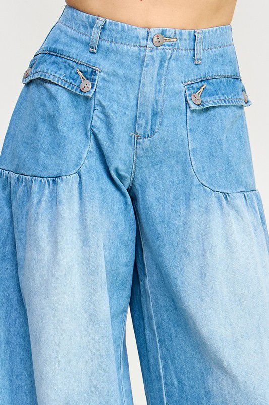 Delilah Drawstring Wide Denim Pants Dark & Light Wash