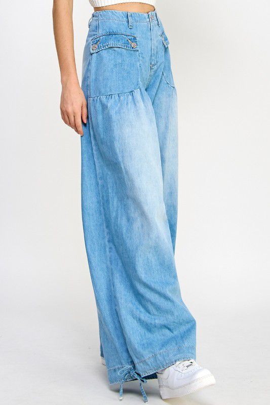 Delilah Drawstring Wide Denim Pants Dark & Light Wash