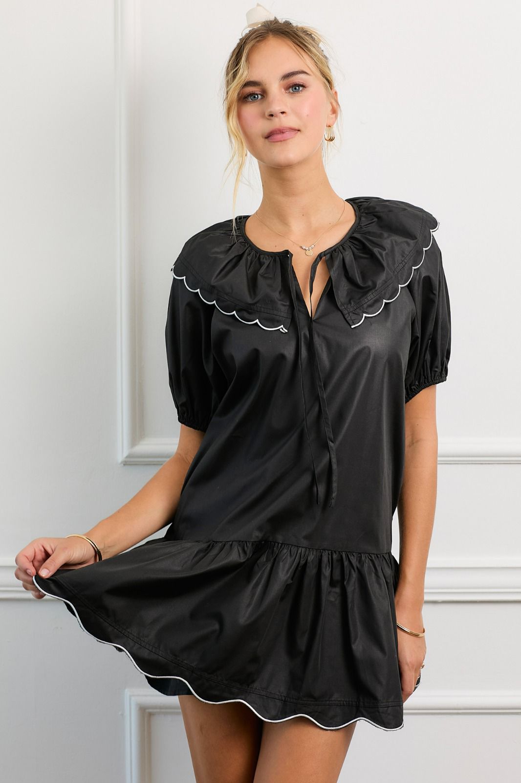 Deborah Black Poplin Puff Sleeve Mini Dress